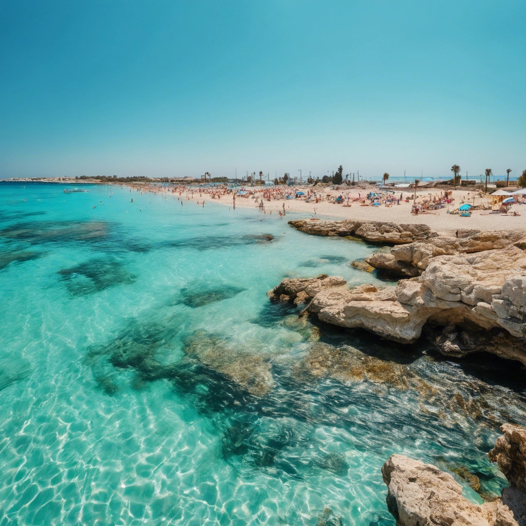 beach photo of ayia napa, cyprus with clear blue sky and crystal clear turquoise water. use vibrant, saturated colors